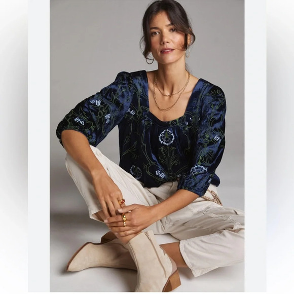 Anthropologie Lacy Velvet Embroidered Blouse - Picture 12 of 12